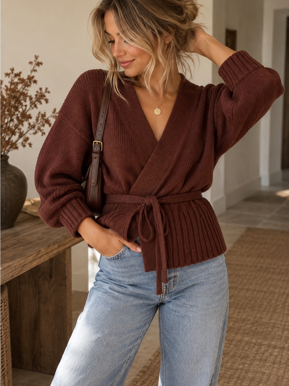 Abercrombie & Fitch Brown Knit Wrap-Front Ribbed Belted Sweater